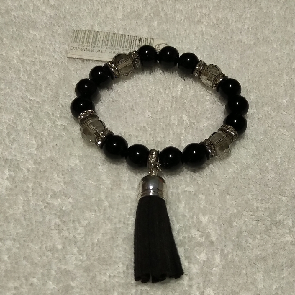 BRAND NEW Black Crystal Beaded Bracelet With Tassel